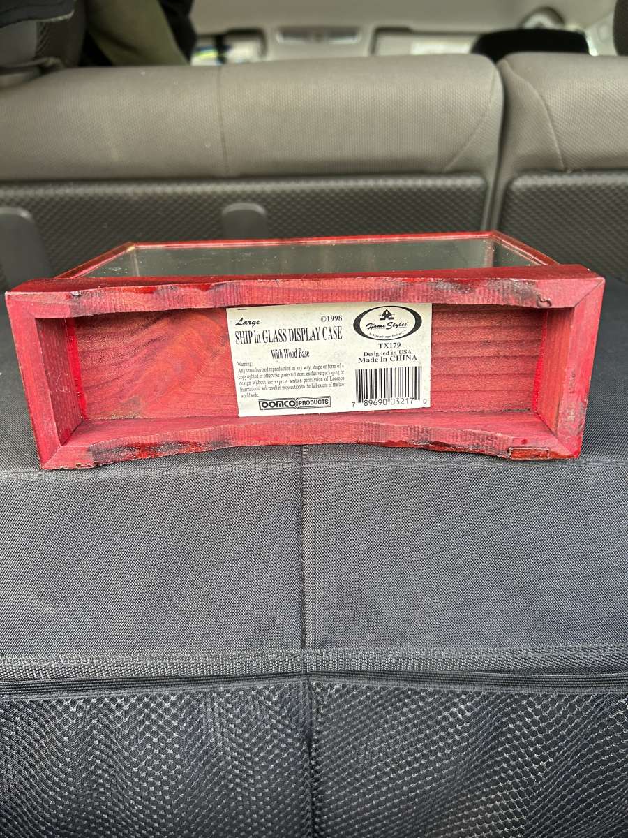 SHIP IN GLASS DISPLAY CASE WITH WOOD BASE