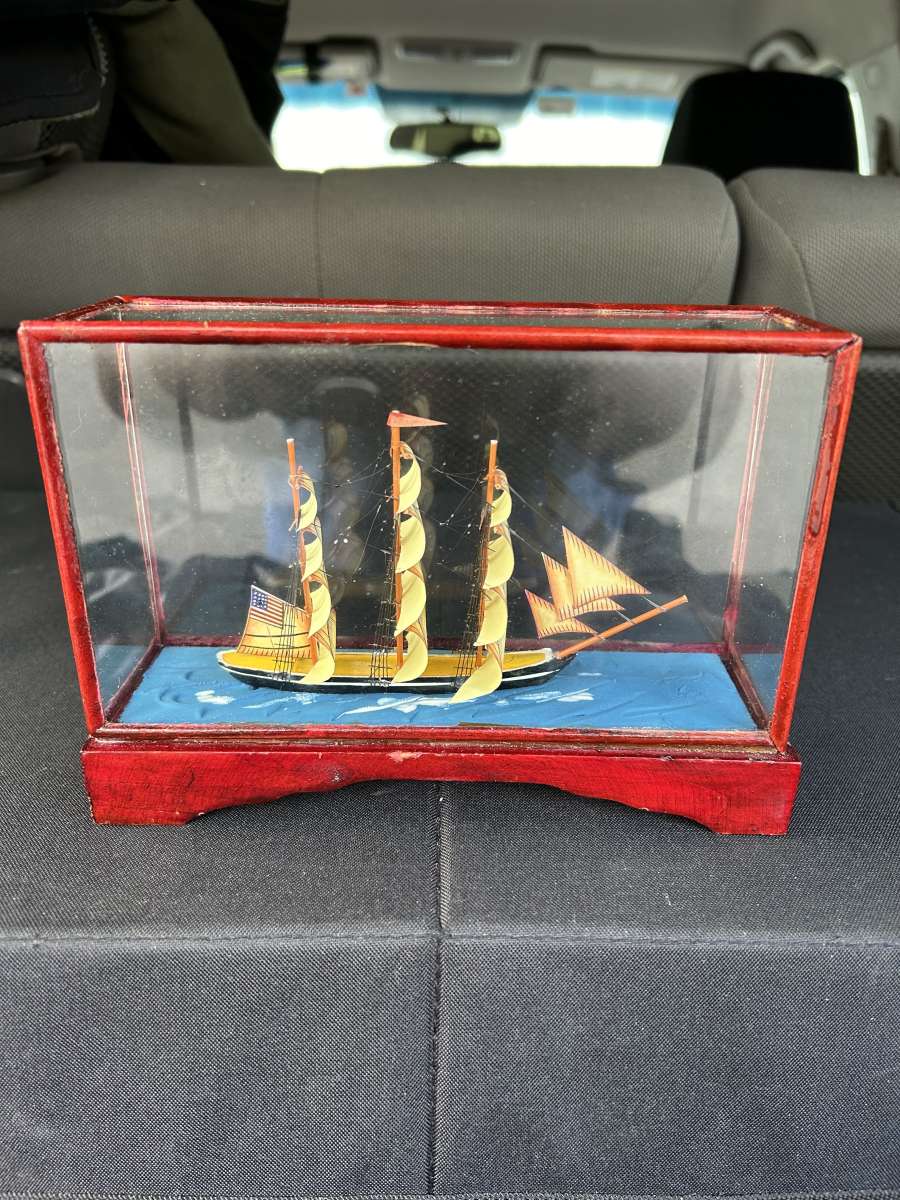 SHIP IN GLASS DISPLAY CASE WITH WOOD BASE