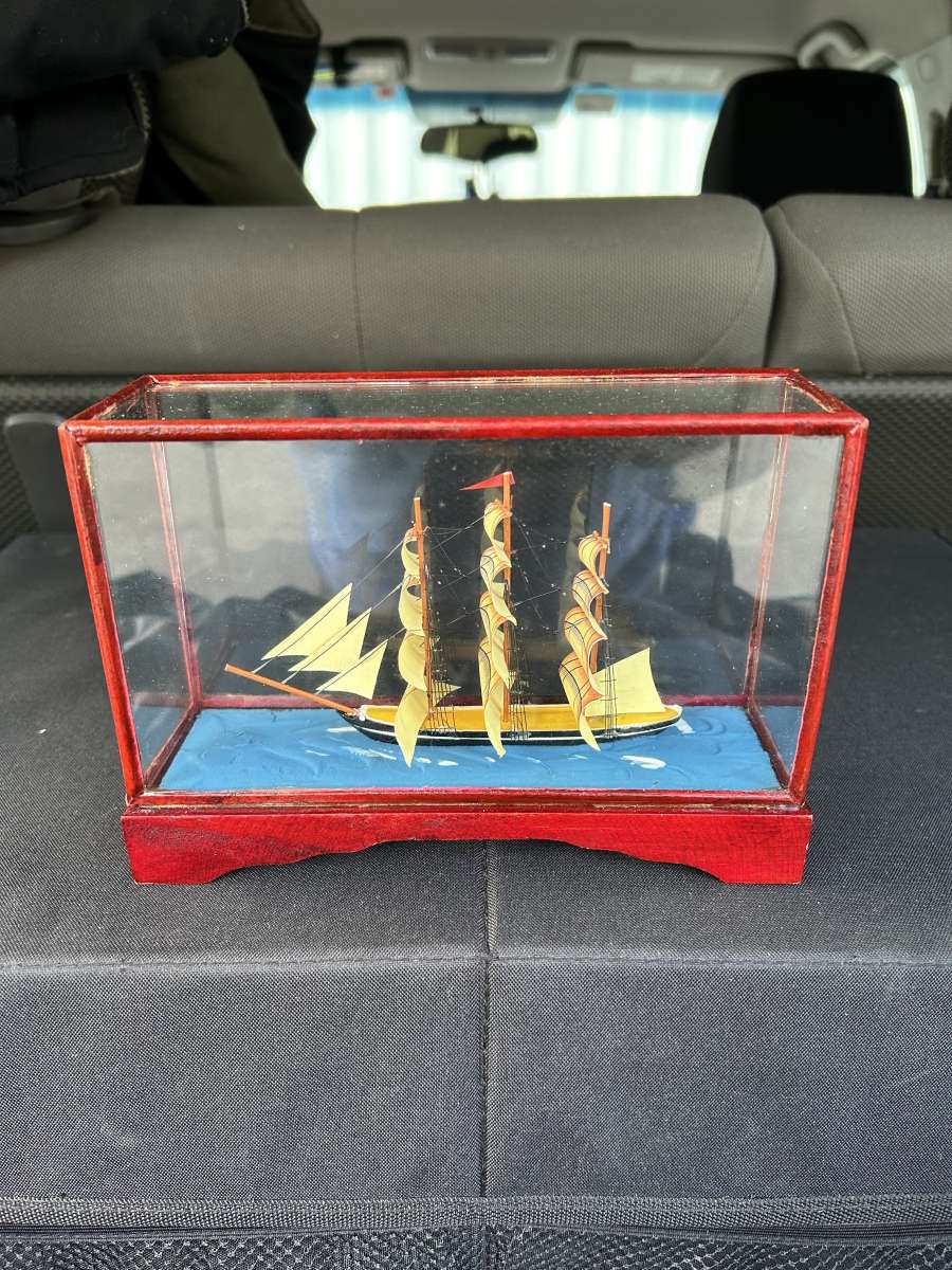 SHIP IN GLASS DISPLAY CASE WITH WOOD BASE
