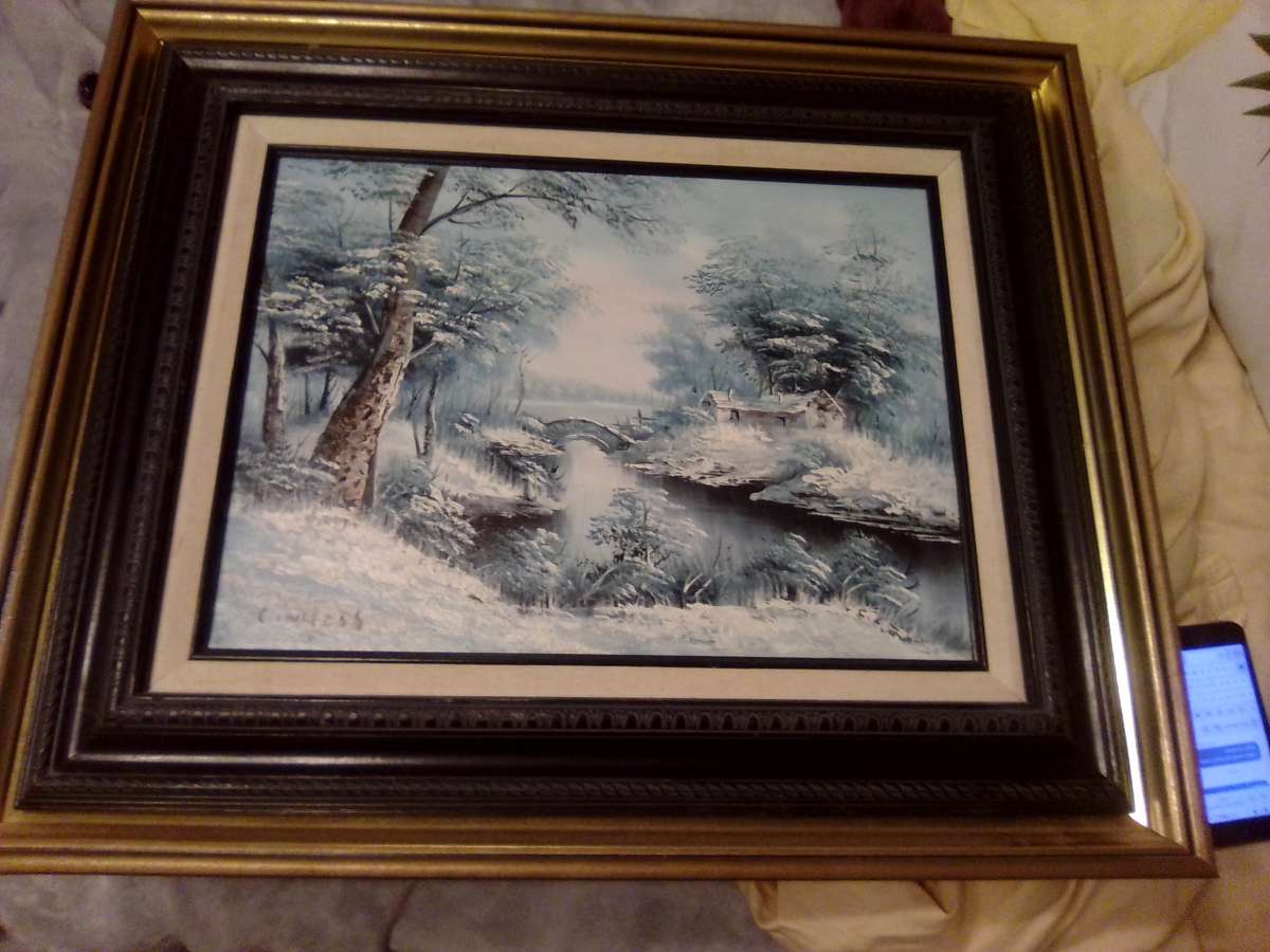 Signed Oil Painting of Snowy Scene