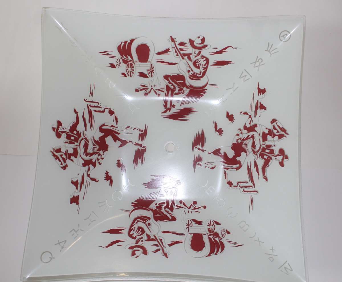 Vintage Hand Painted Glass Cowboy with covered wagon ceiling