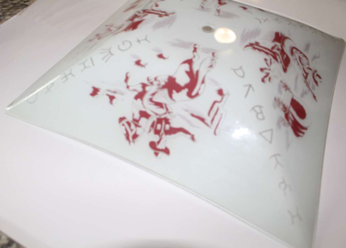 Vintage Hand Painted Glass Cowboy with covered wagon ceiling