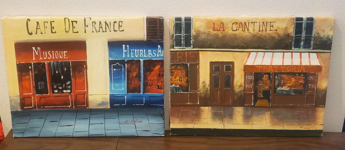 2 Oil on Canvas Paintings 20x16 French Cafe theme