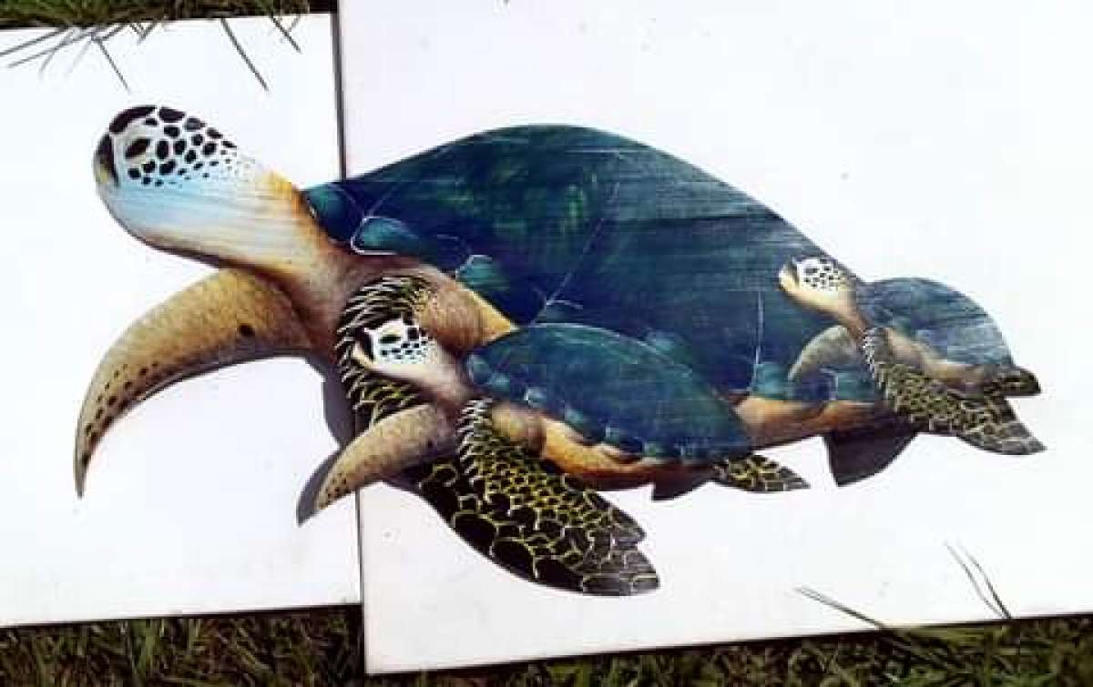 Mother and 2 baby Sea Turtles hand painted palm frond