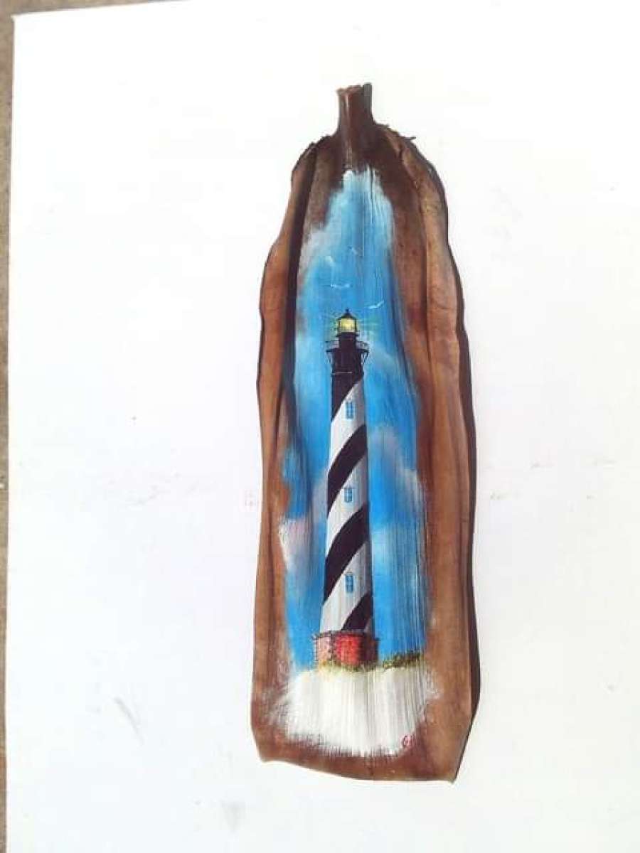 Cape Hatteras Lighthouse hand painted on palm frond