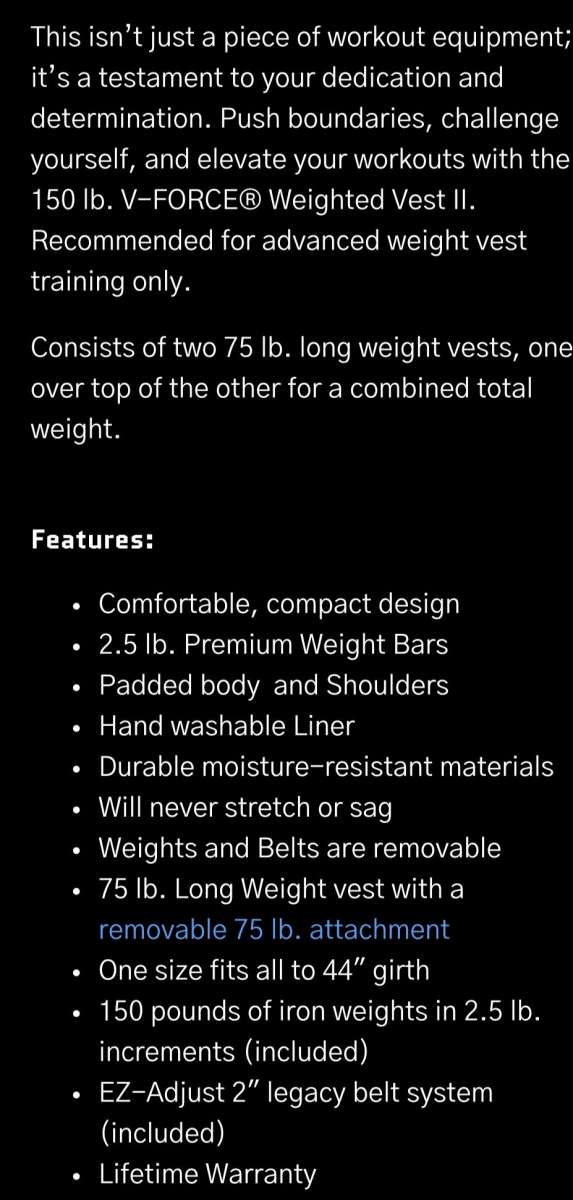 V Force 150 Pounds long weight training vest