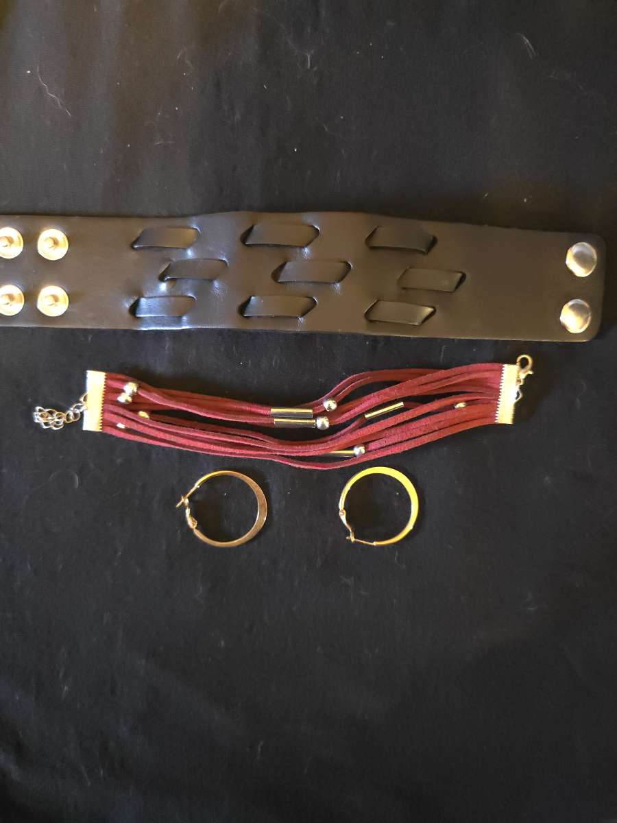 Leather Bracelets and Gold Plated Earrings