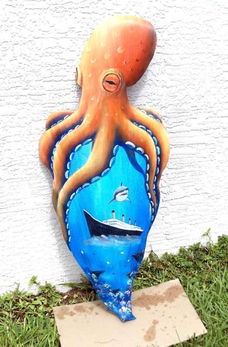 Octopus shark over the Titanic hand painted palm frond