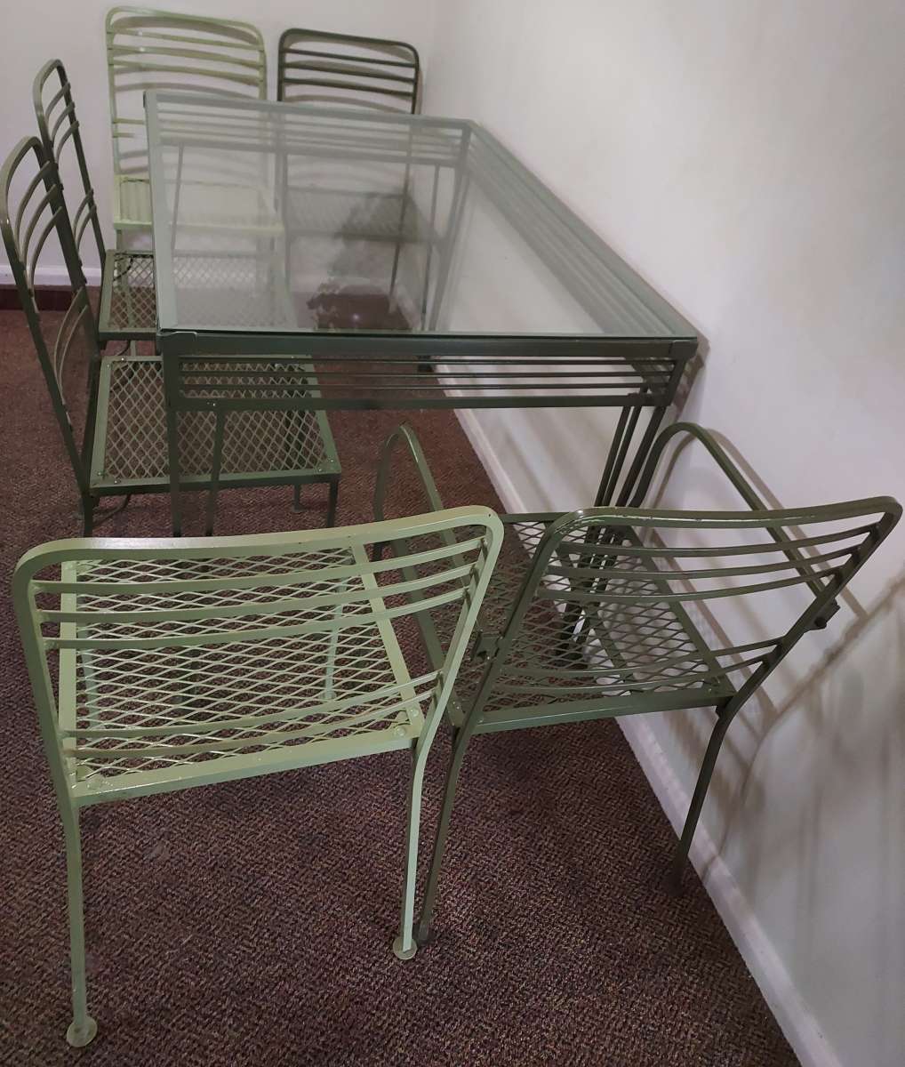 Mid Century Modern Salterini Iron Glass Top Table 6 Chairs