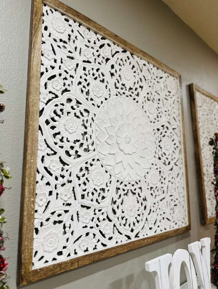 Large Square White Wood Floral Carved Scrolling Rustic