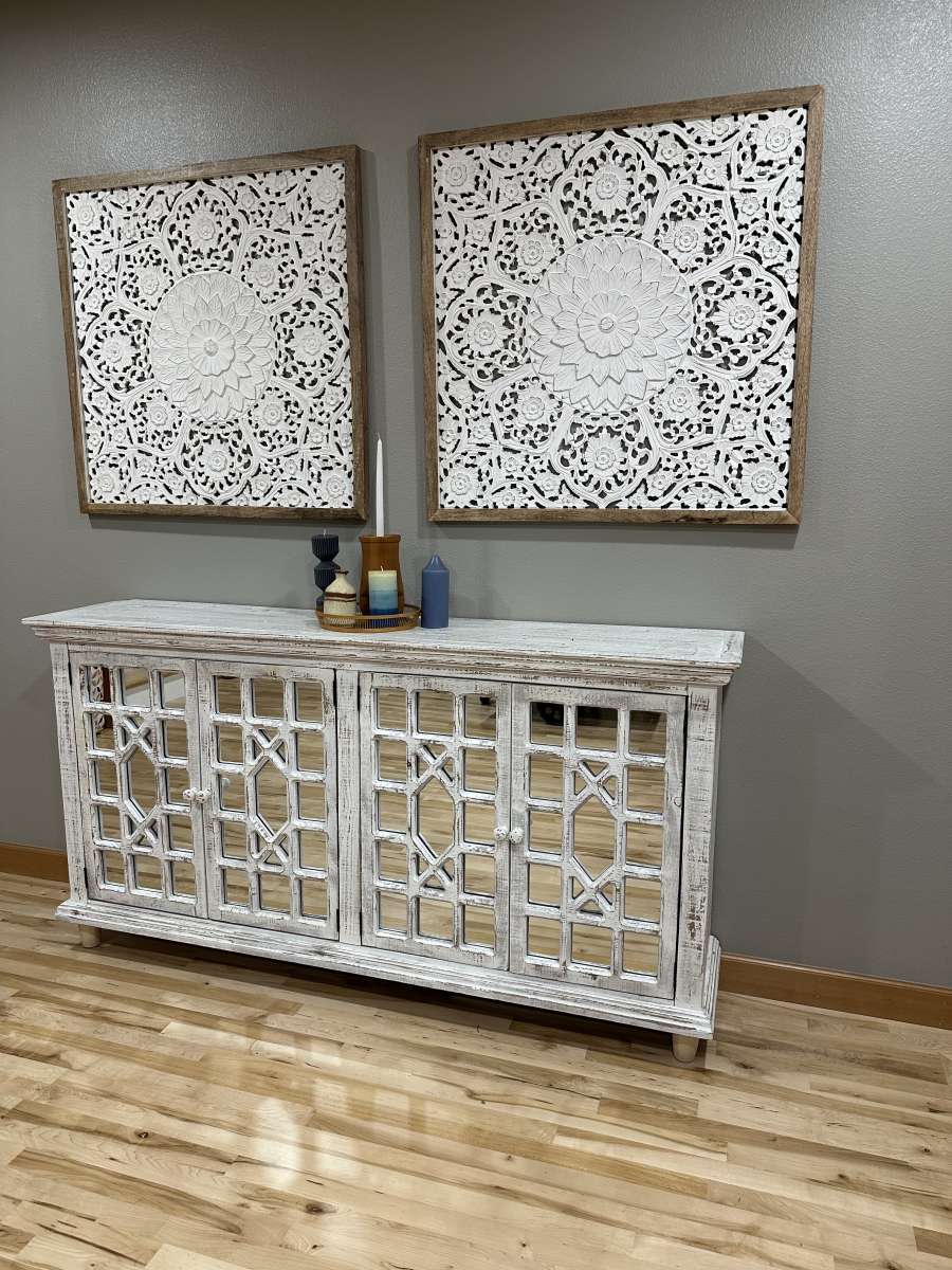Large Square White Wood Floral Carved Scrolling Rustic