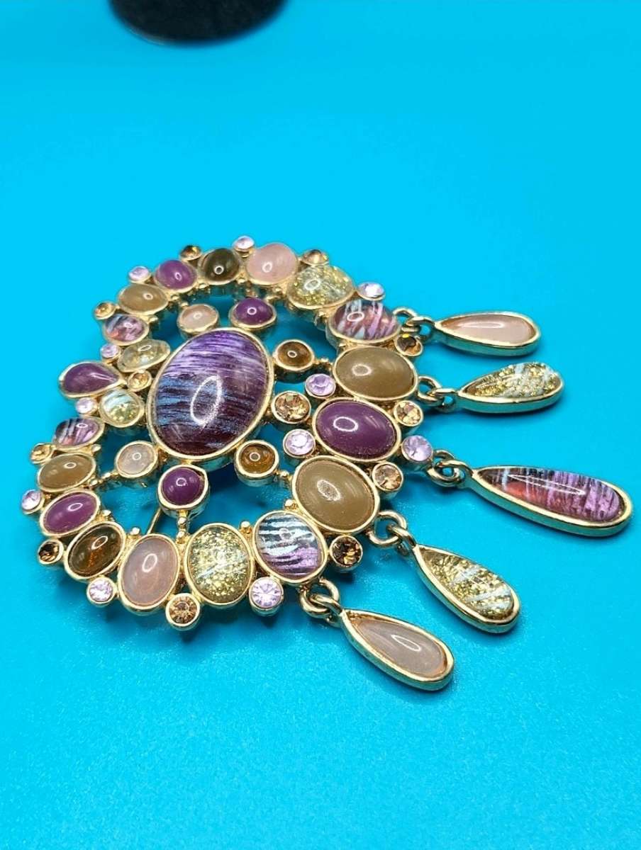 Vintage Heidi Daus Multi Cabochon Beaded Brooch Unsigned