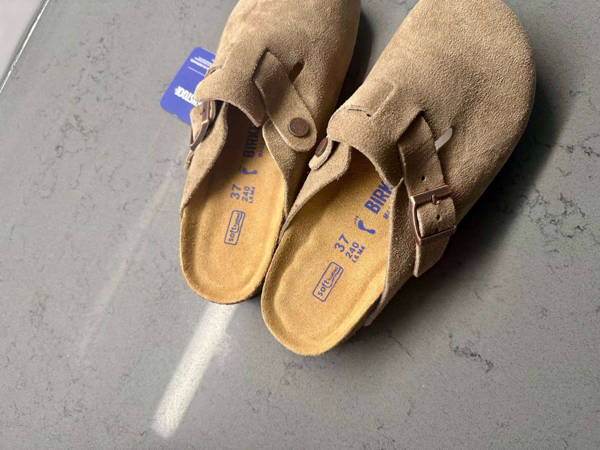 Birkenstock Womens Boston Clogs Suede Taupe Size 37