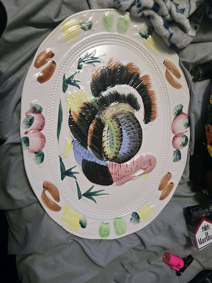 Vintage TURKEY PLATTER  Embossed Ceramic Hand Painted JAPAN