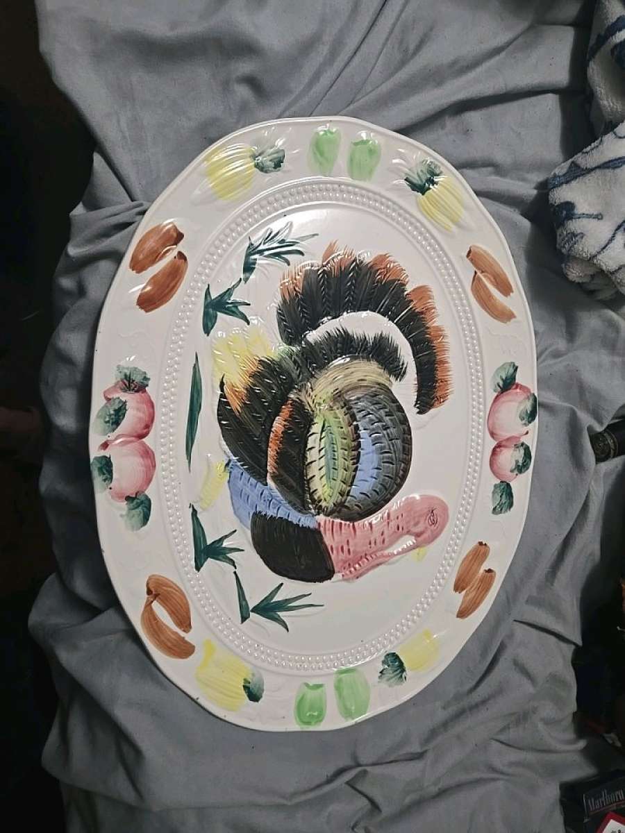 Vintage TURKEY PLATTER  Embossed Ceramic Hand Painted JAPAN
