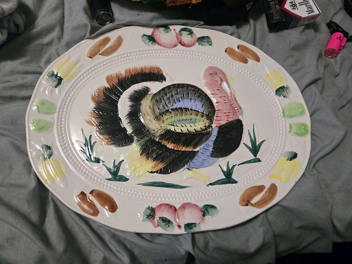 Vintage TURKEY PLATTER  Embossed Ceramic Hand Painted JAPAN
