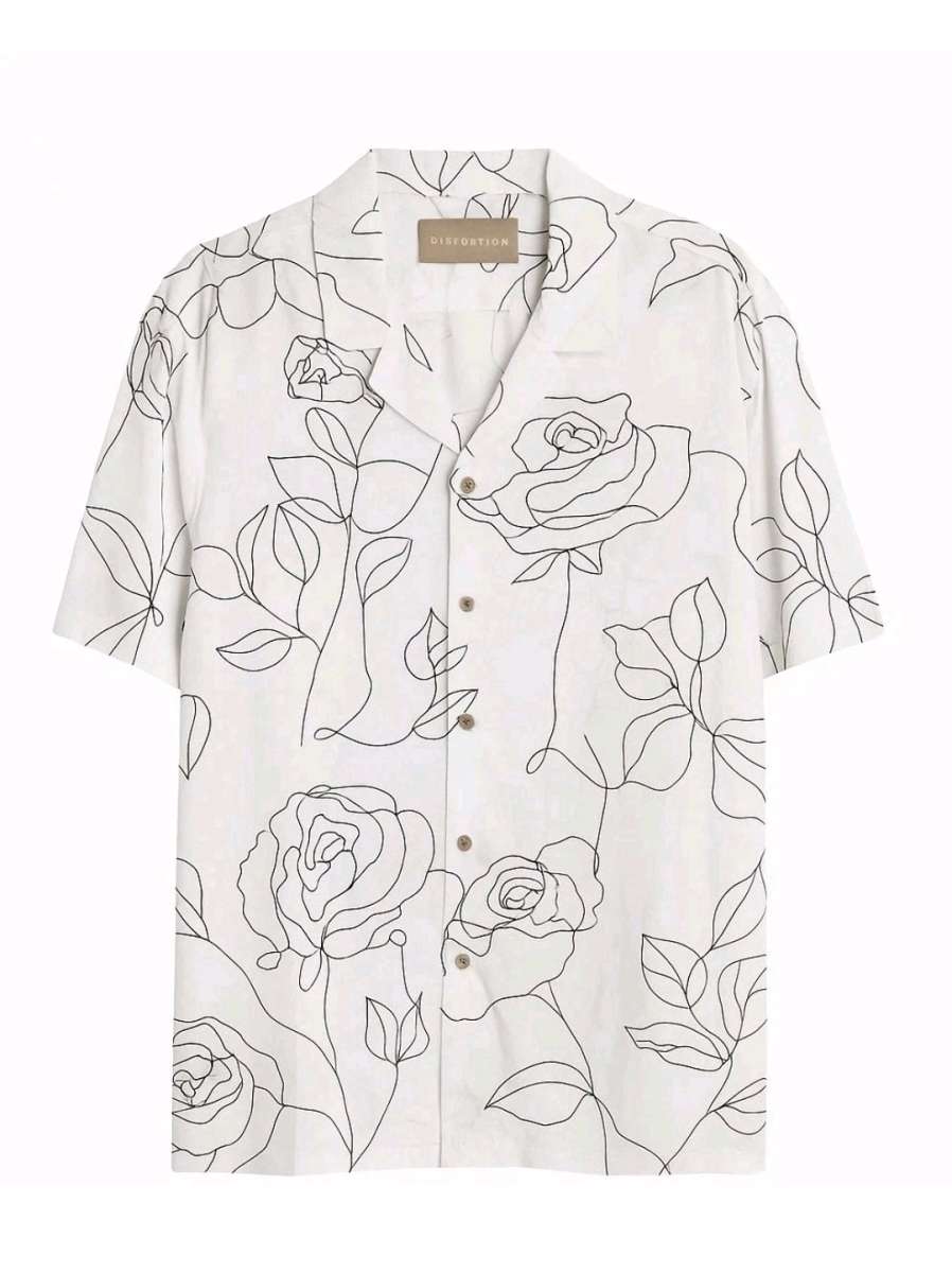 Distortion Mens Floral Line Art ButtonUp Shirt  Size L