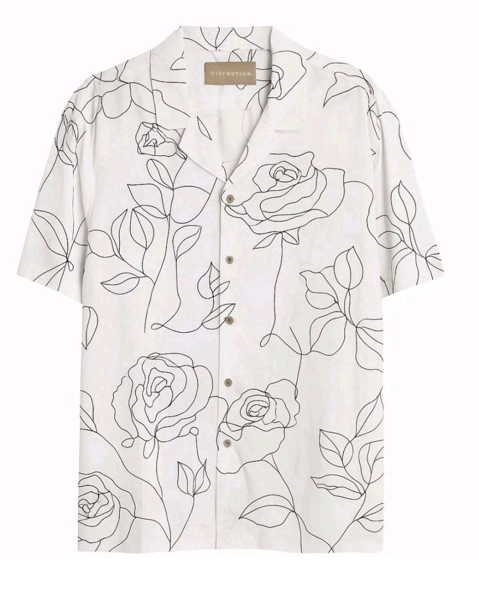 Distortion Mens Floral Line Art ButtonUp Shirt  Size L