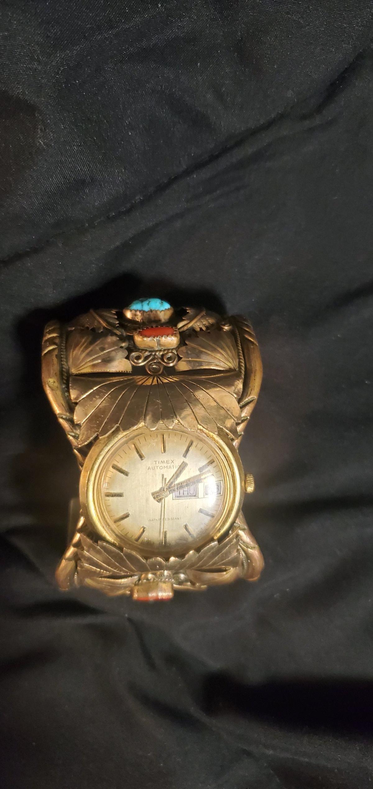 1970s Navajostyle 12KGF Leaf Watch Cuff