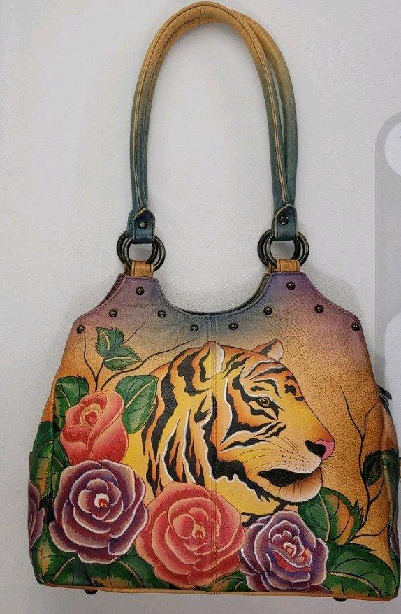 Handpainted leather handbag Anuschka Tiger in Roses