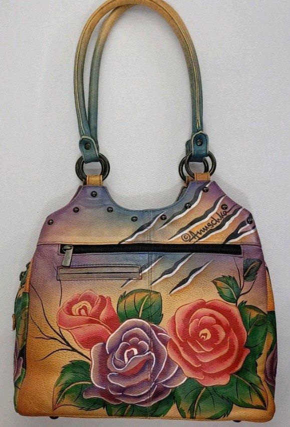 Handpainted leather handbag Anuschka Tiger in Roses
