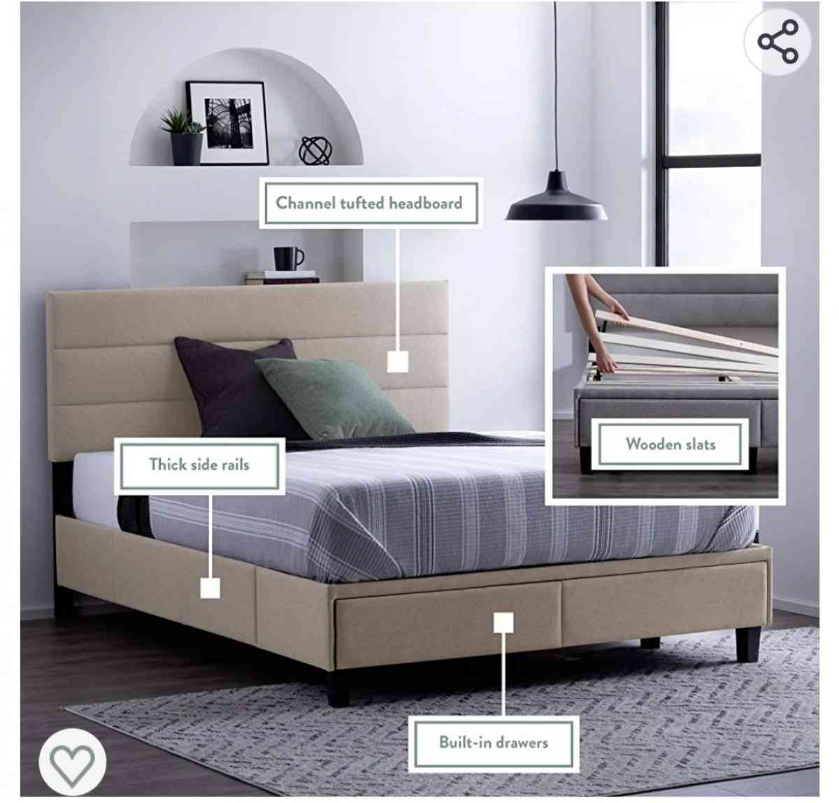 King Size Upholstered Bed Builtin DrawersModern Channel Tuft - Dayton, Ohio - FleaMarketBay