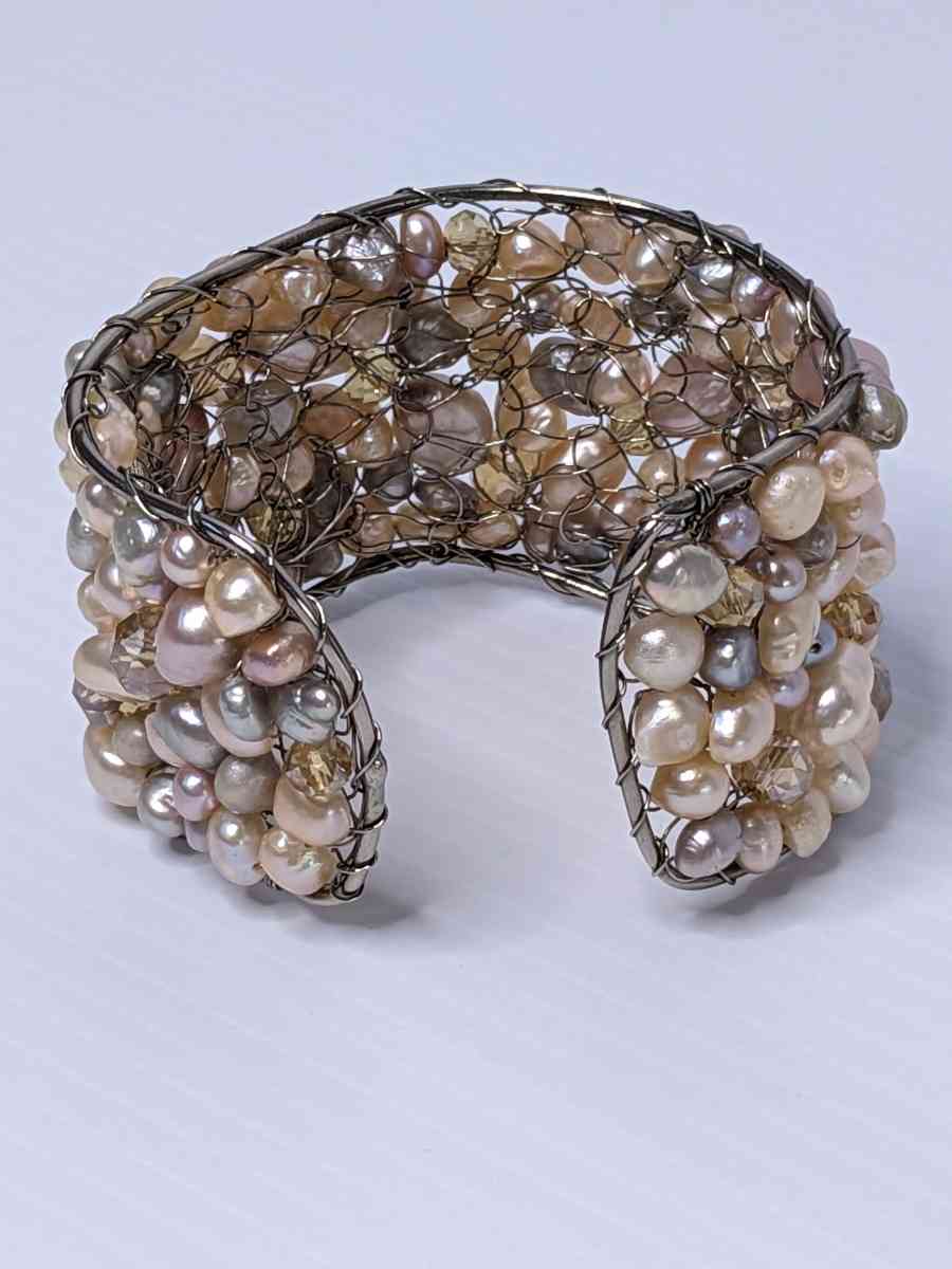 Multi colored freshwater pearls mesh cuff bracelet - Key West, Florida - FleaMarketBay
