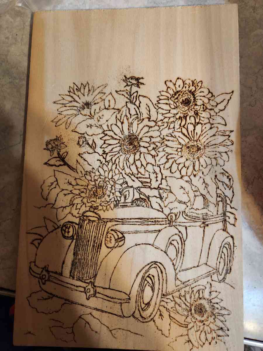a wood burning of a car and sunflowers hand made - Perkasie, Pennsylvania