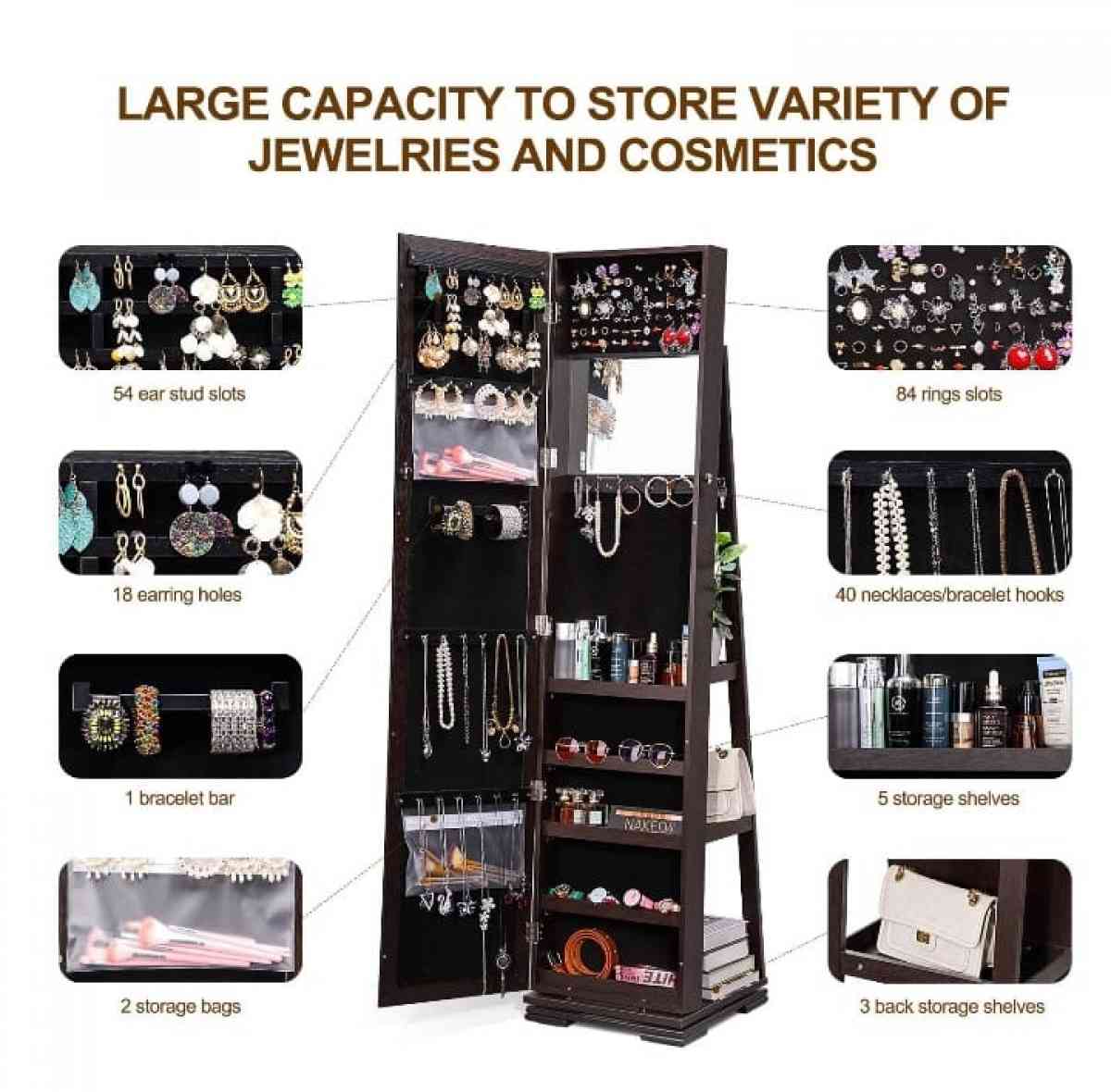 360Swivel Jewelry Armoire w MirrorFull Length Mirror Jewelry - Victorville, California - FleaMarketBay