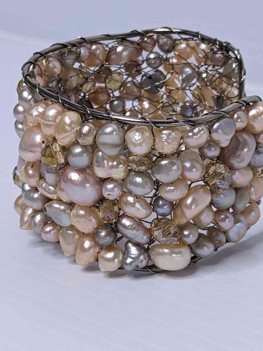 Multi colored freshwater pearls mesh cuff bracelet - Key West, Florida - FleaMarketBay
