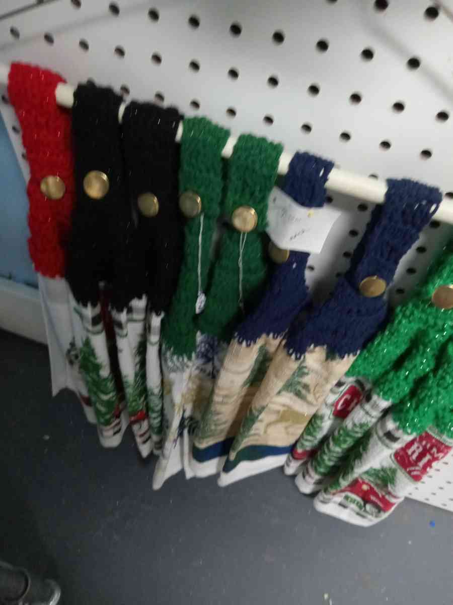 hanging towels with yarn tops