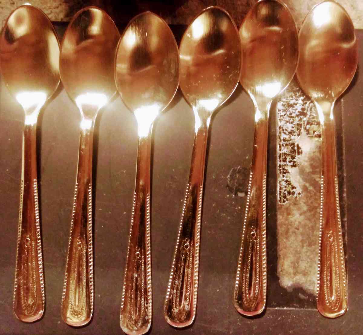 Set of six tiny stainless steel spoons finished in gold - Alliance, Ohio