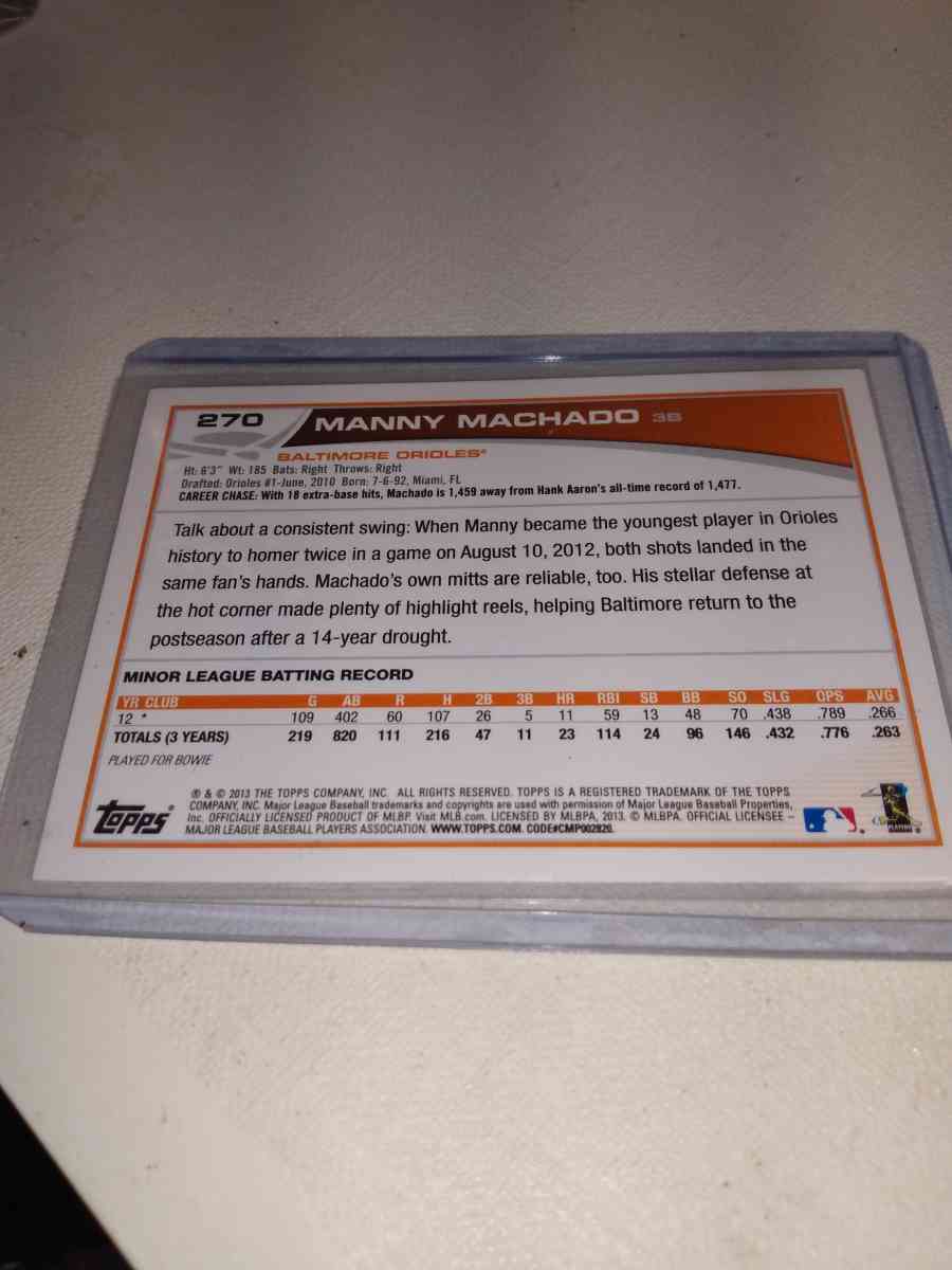 Topps 2013 rookie card Manny Machado blue border - Alicia, Arkansas - FleaMarketBay