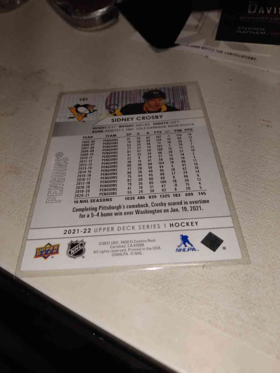 2021 2022 upper Deck Sydney Crosby card number 141 - Alicia, Arkansas - FleaMarketBay