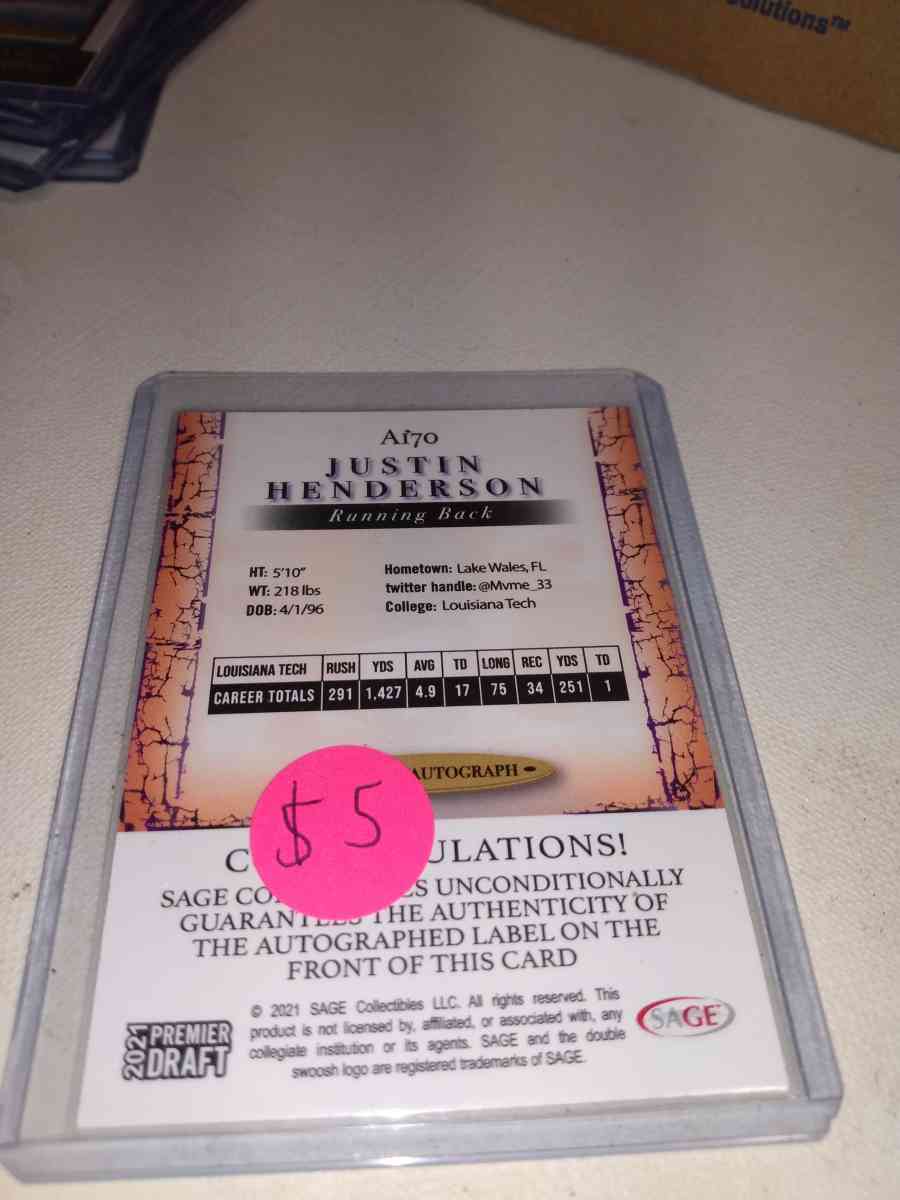 2021 premier draft Justin Henderson autographed card - Alicia, Arkansas - FleaMarketBay