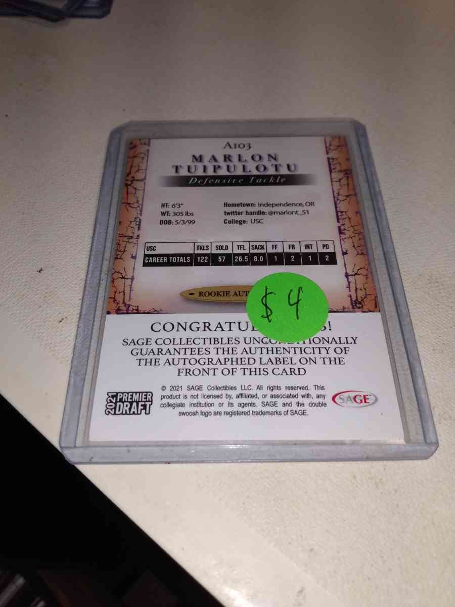sage 2021 rookie card Marlon tuipulotu - Alicia, Arkansas - FleaMarketBay