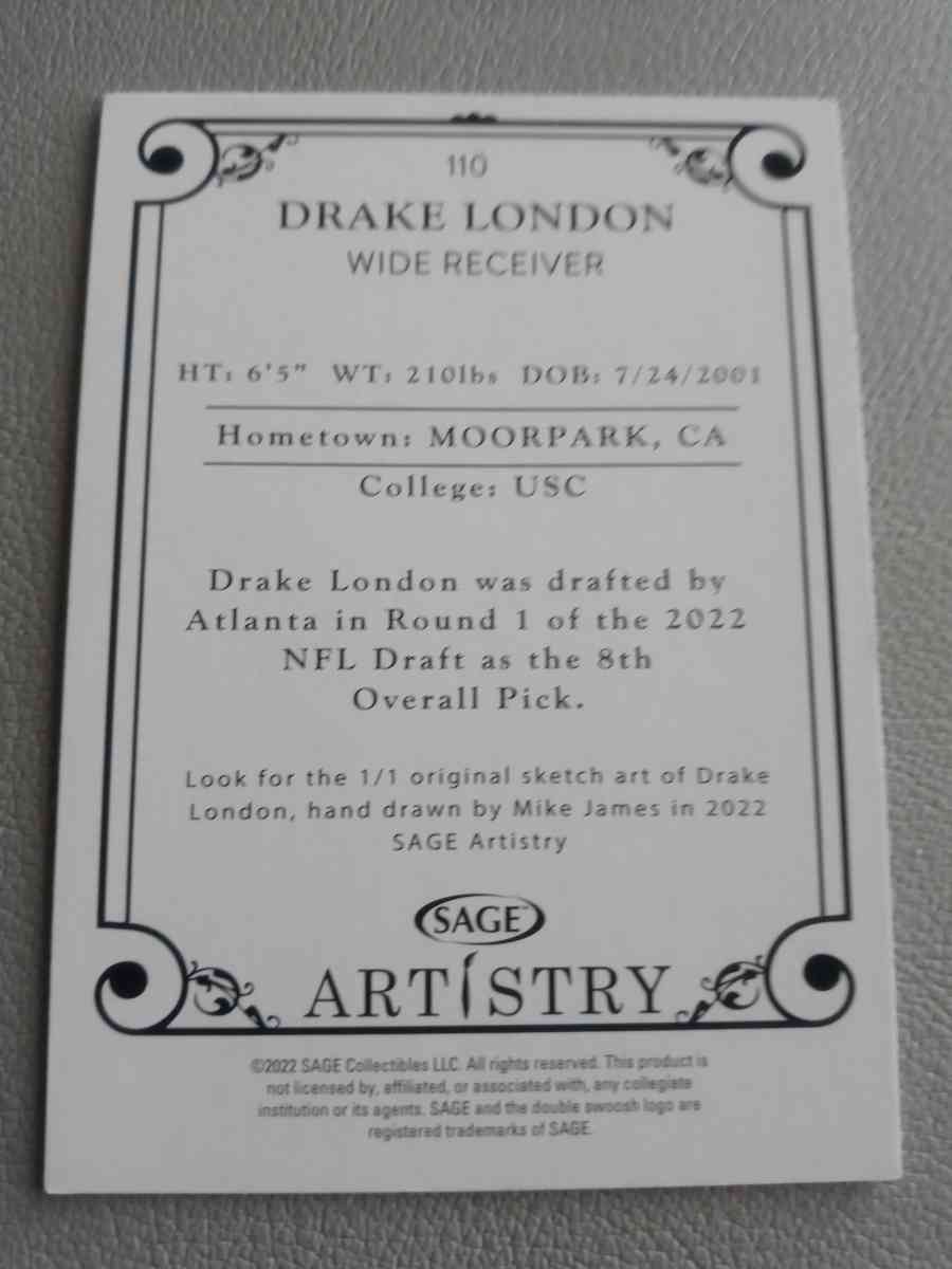 2022 SAGE ARTISTRY  DRAKE LONDON RC CARD - Atlanta, Georgia - FleaMarketBay