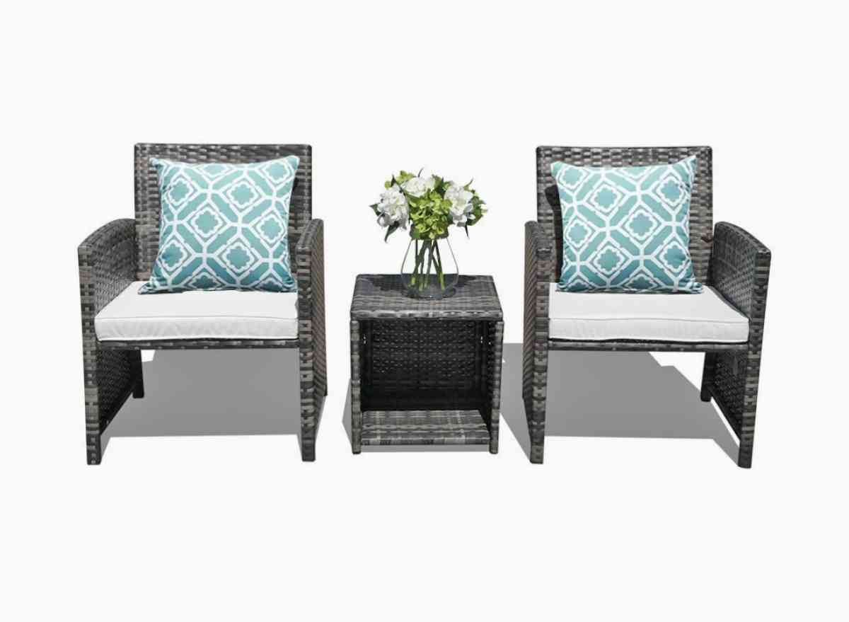 3pc outdoor patio set gray wicker with cream color cushion - Stockton, California - FleaMarketBay