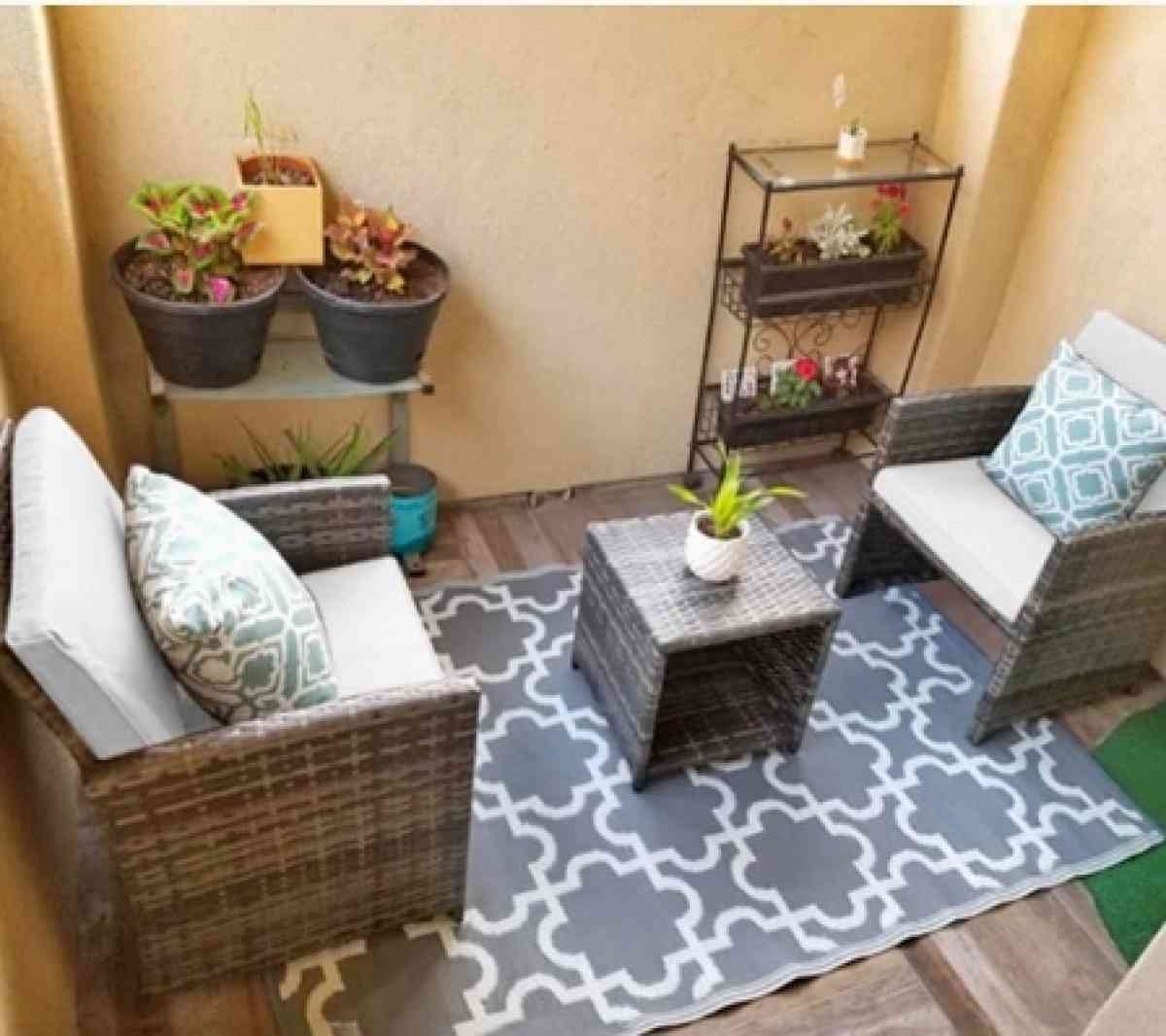 3pc outdoor patio set gray wicker with cream color cushion - Stockton, California - FleaMarketBay