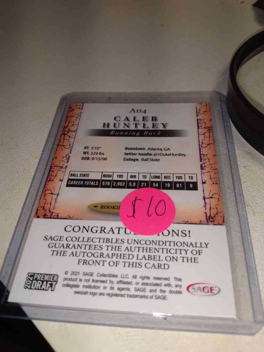 2021 premier draft autographed rookie card Caleb Huntley - Alicia, Arkansas - FleaMarketBay