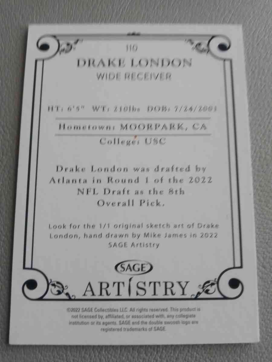 2022 SAGE ARTISTRY  DRAKE LONDON 110  RC ROOKIE CARD - Atlanta, Georgia - FleaMarketBay