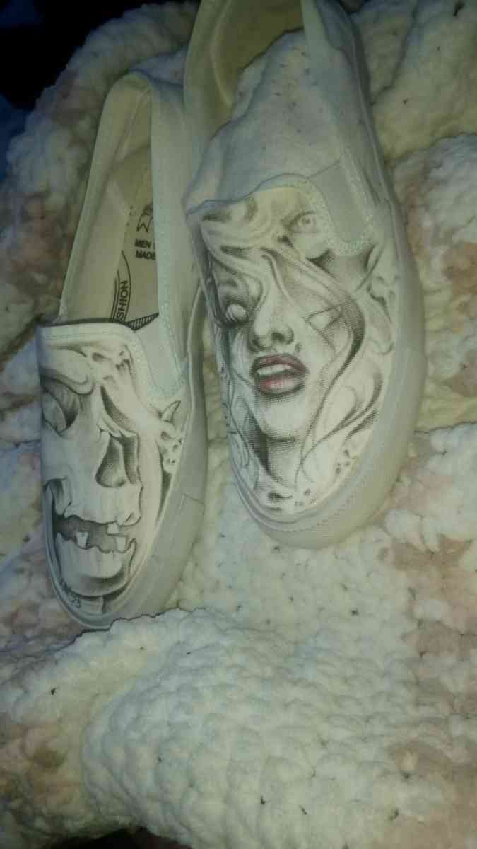 shoes with prison art drawn on them by the homeboy Jhonny m - Chico, California - FleaMarketBay
