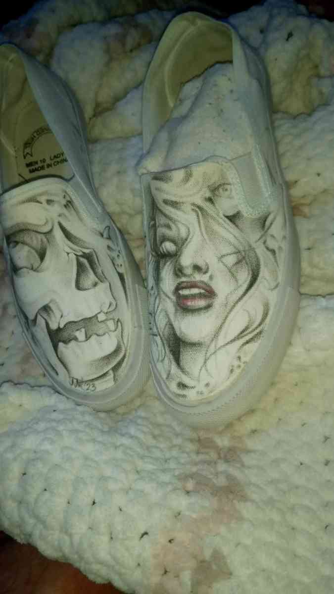 shoes with prison art drawn on them by the homeboy Jhonny m - Chico, California - FleaMarketBay