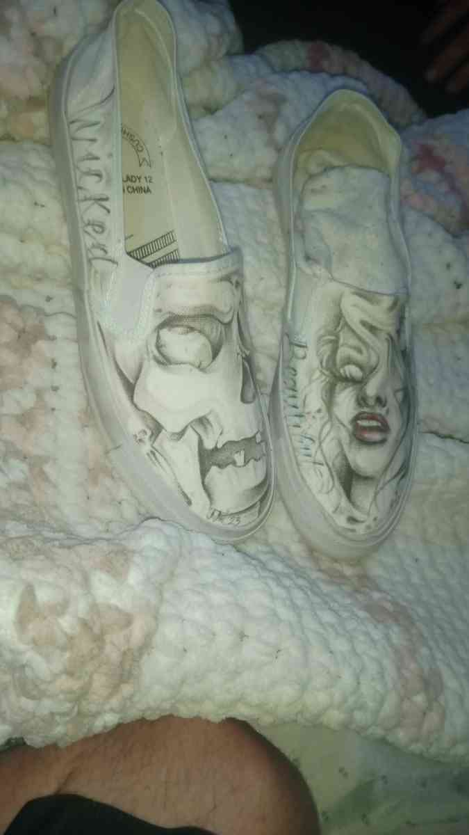 shoes with prison art drawn on them by the homeboy Jhonny m - Chico, California - FleaMarketBay