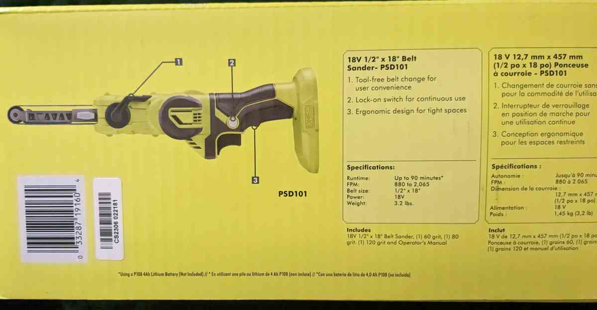 BRAND NEW Ryobi Two 4ah Batteries W Charger and Belt Sander - Concord, California - FleaMarketBay
