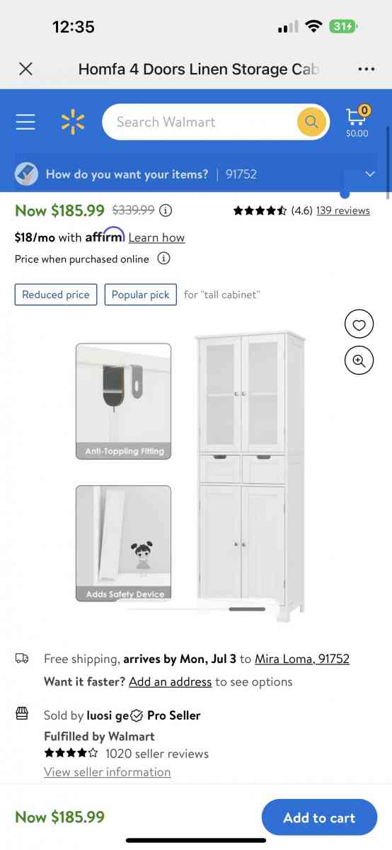 4 Doors Linen Storage Cabinet 3Tier Wood Tall Cabinet Cupboa - Chino Hills, California - FleaMarketBay