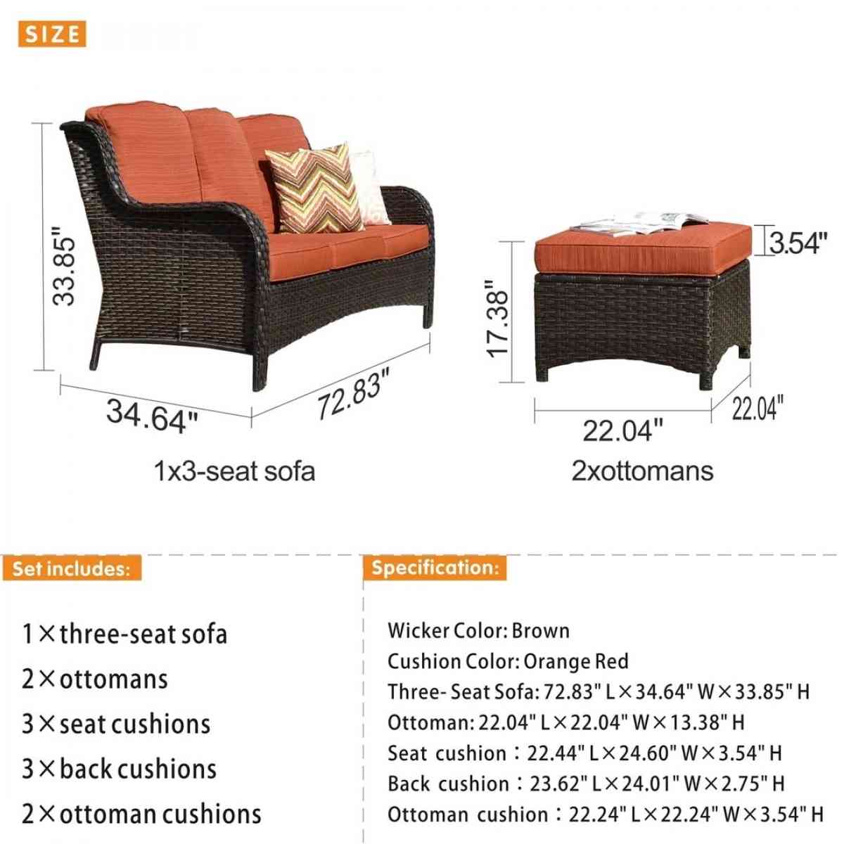 Outdoor Couch 3Piece with Ottoman Kenard Curved Handres - Claremont, California - FleaMarketBay