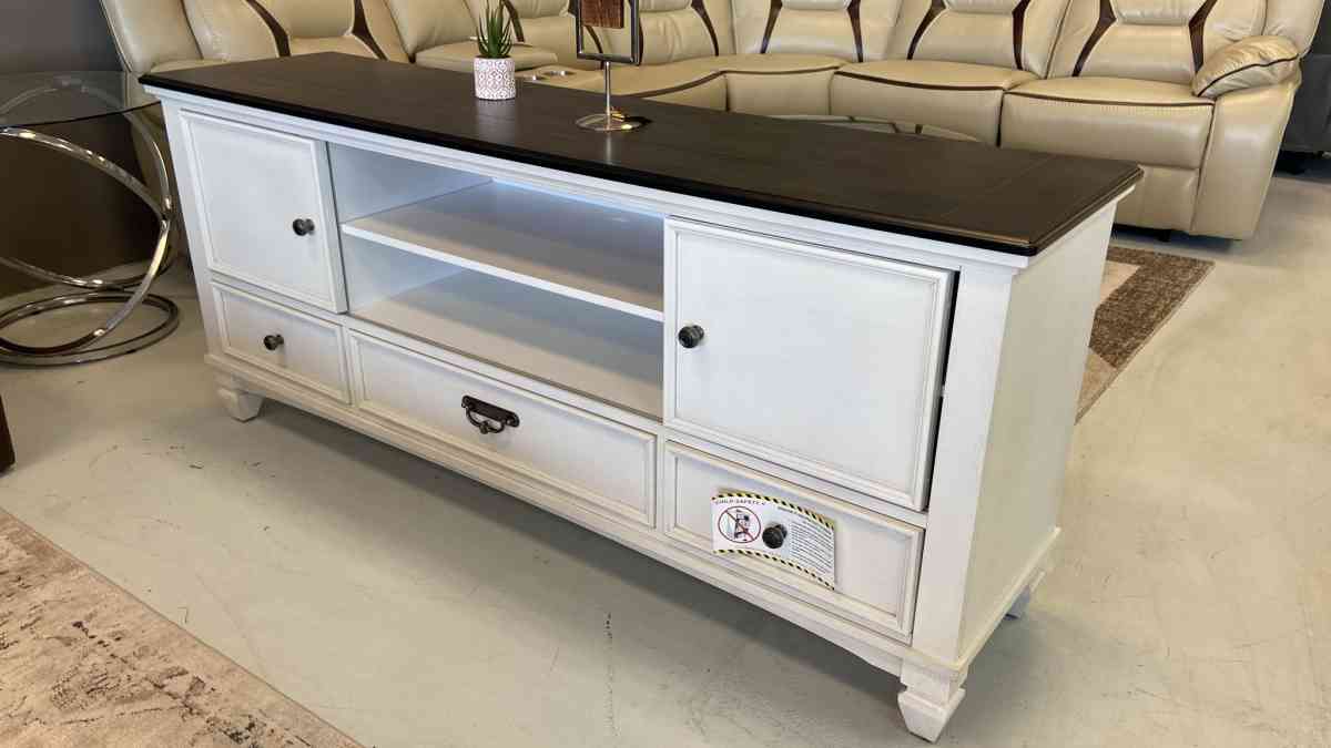 White with wood top 65 tv stand with slide doors we have del - Houston, Texas - FleaMarketBay
