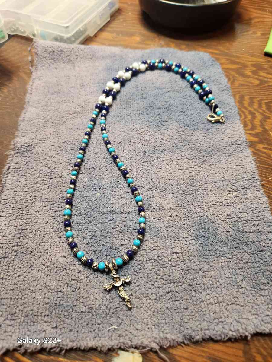 silver cross with glass bead necklace - Defiance, Iowa