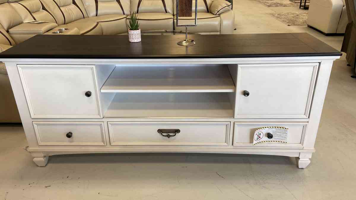 White with wood top 65 tv stand with slide doors we have del - Houston, Texas